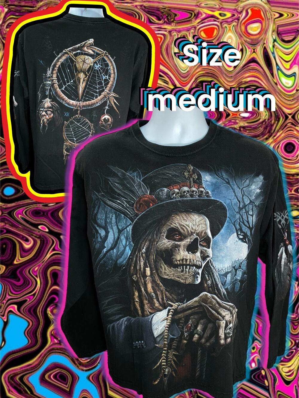Skeleton Witch Doctor Dual Sided Graphics Long Sleeves T-Shirt Large Voodoo